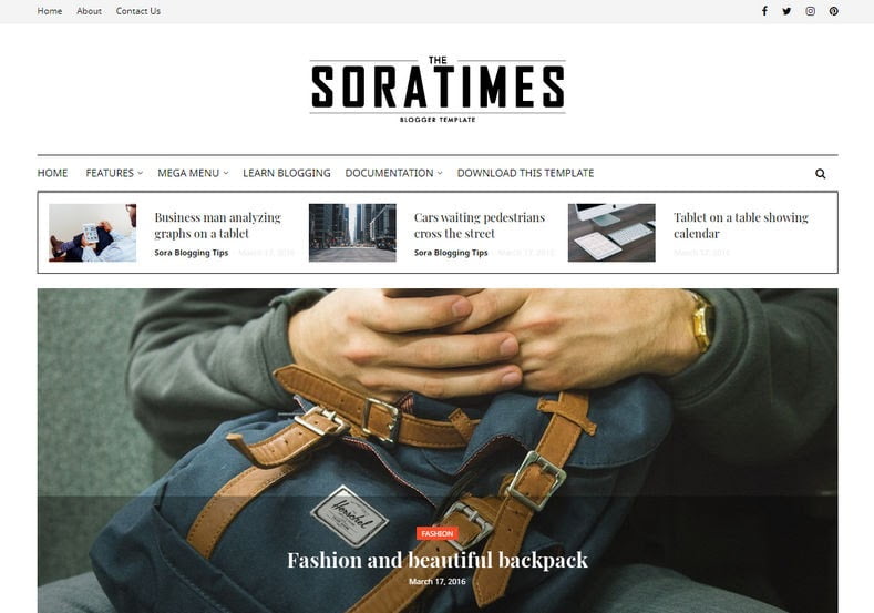 Rekomendasi template blogger gratis untuk magazine/news: Sora Times