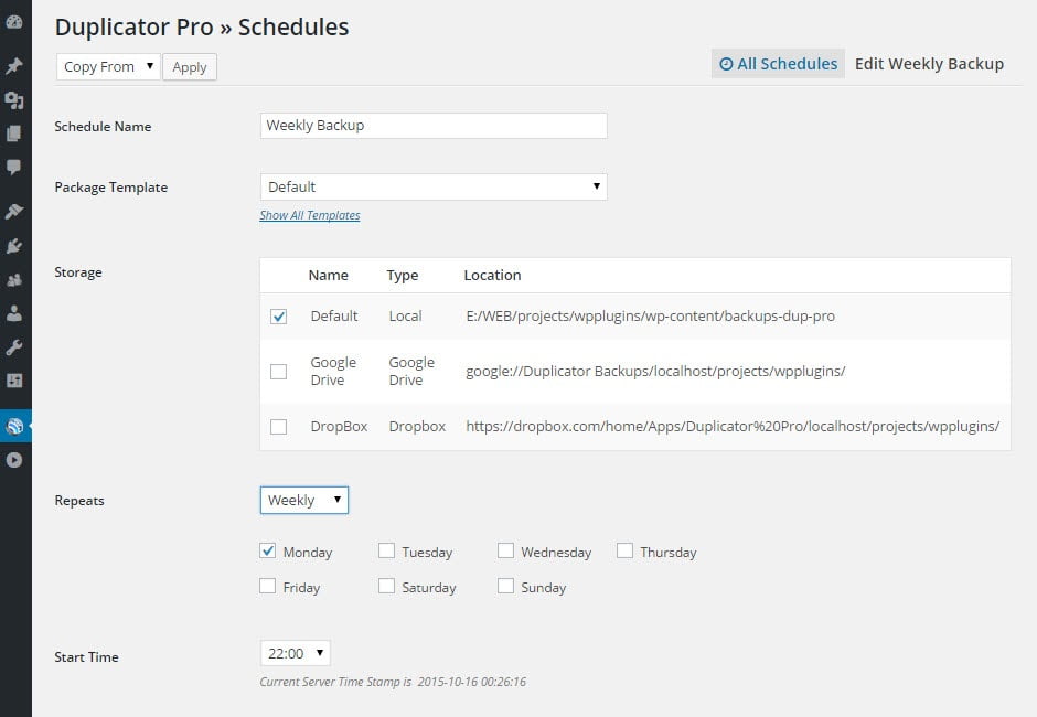 fitur schedule backup di Duplicator Pro.