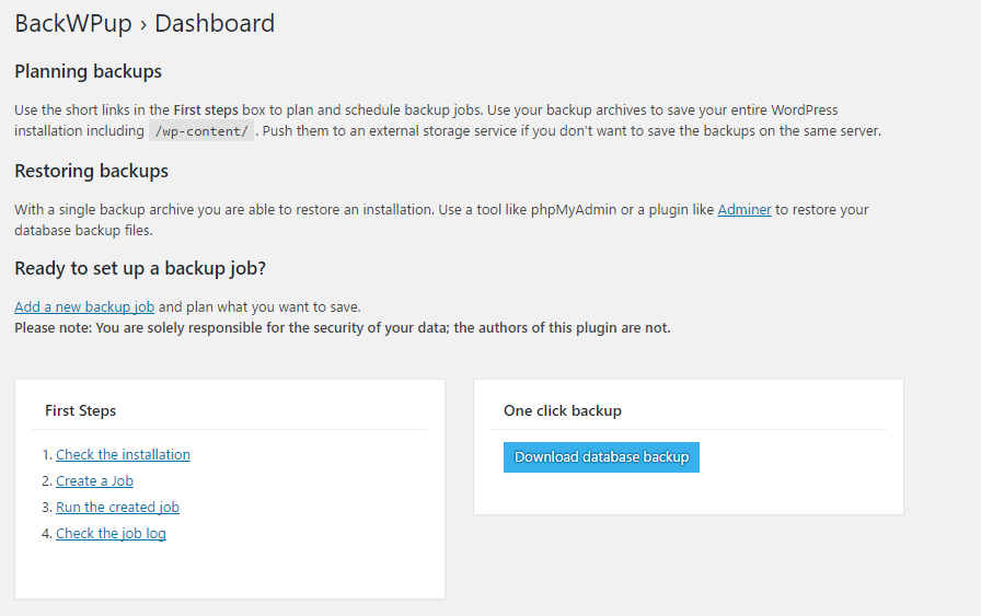 dashboard plugin backup WordPress BackWPup.