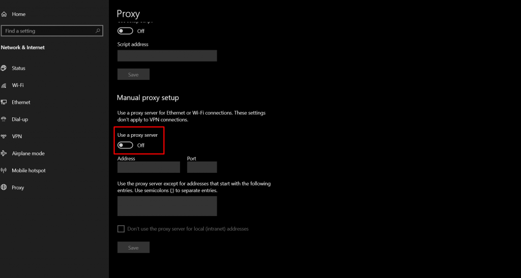 Halaman pengaturan proxy di Windows 10