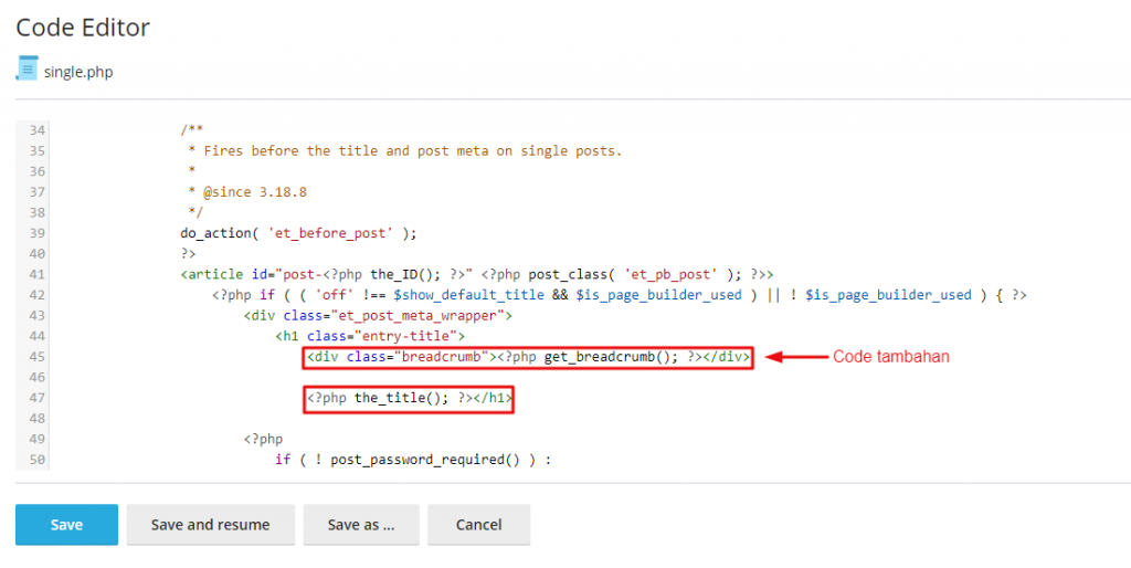 setelah file terbuka tambahkan kode di bawah ini tepat sebelum <?php the_title(); ?>