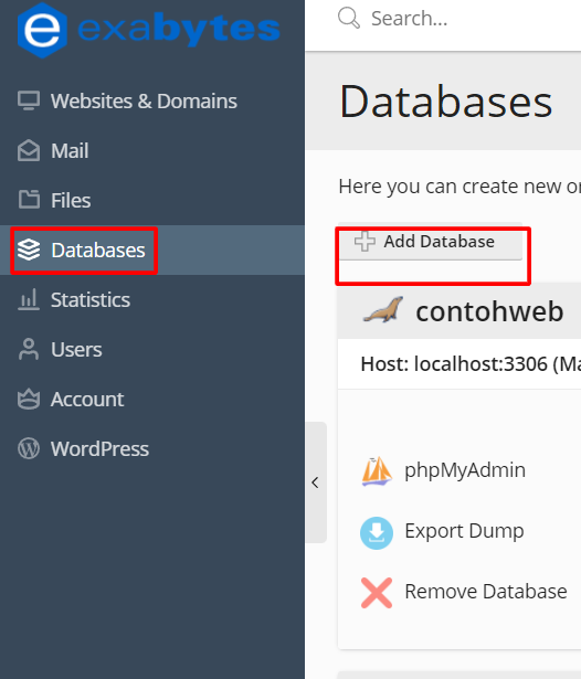 Di halaman control panel Plesk Exabytes, klik menu Databases > Add Database.