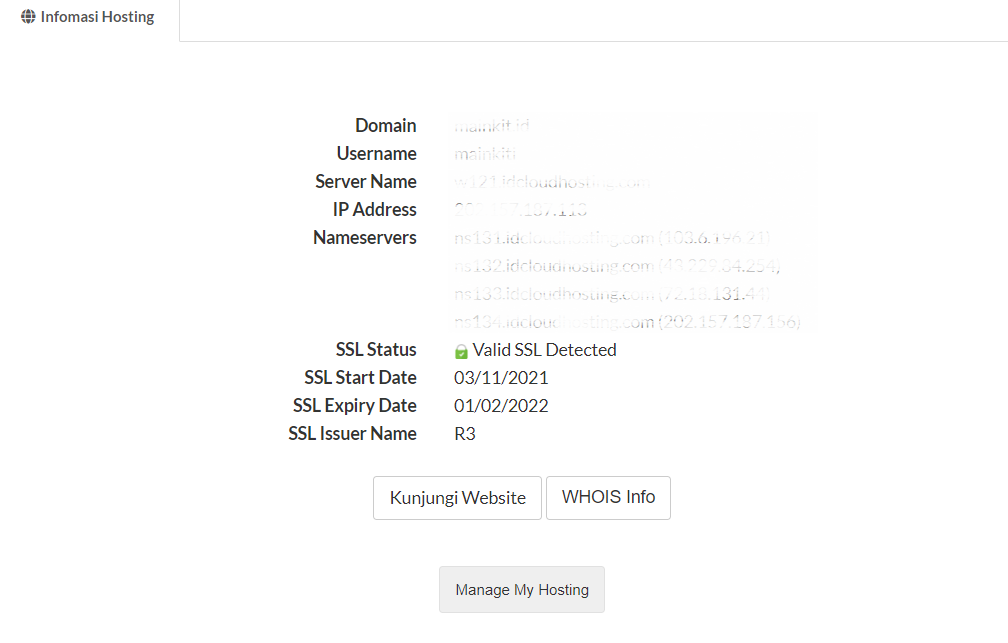 Scroll ke bawah dan cari informasi hosting, disana terdapat informasi tentang hosting yang Anda gunakan secara lengkap dari mulai name server dan IP Address.