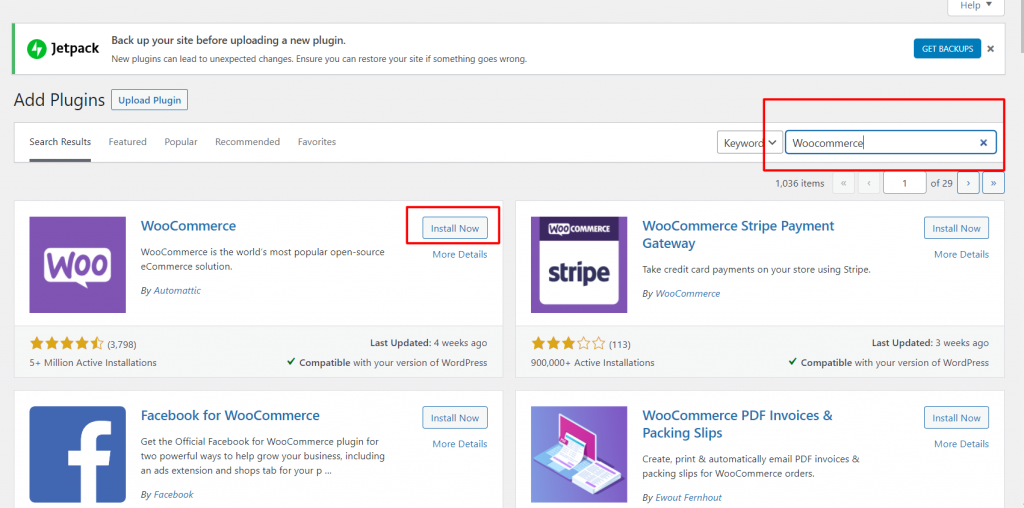 langkah pertama dalam membuat website toko online adalah cari plugin WooCommerce dan klik install