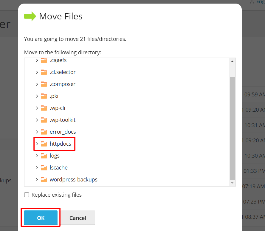 Muncul page notification Move Files, cari folder Public_html atau httpdocs.