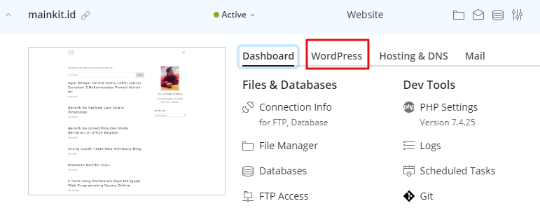 Lupa Password WordPress? Simak Cara ini Untuk Menggantinya - Tutorial Digital Marketing, Website, & Bisnis Online - Exabytes Langkah 4: Di halaman Control Panel klik tab WordPress di menu Websites & Domains.