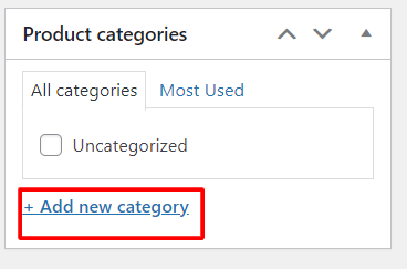 Tentukan kategori produk dengan klik menu Product Categories > +Add New Category dan tambahkan nama untuk setiap kategori produk.