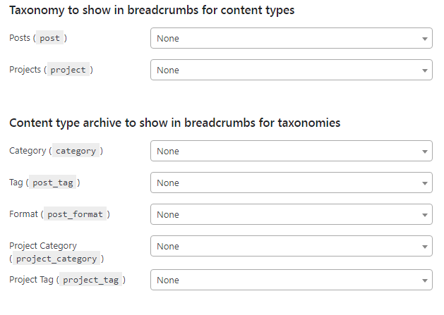Scroll ke bagian bawah dan di bagian Taxonomy to Show in breadcrumbs for content types, silakan Anda tentukan kategori, tag maupun formatnya. 