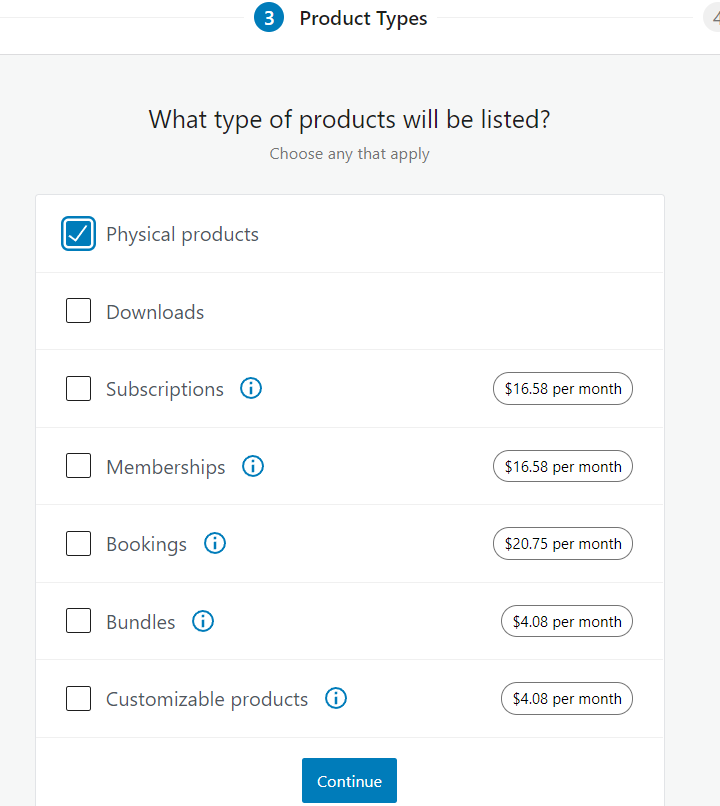 Pilih tipe produk yang Anda jual dan klik tombol Continue.