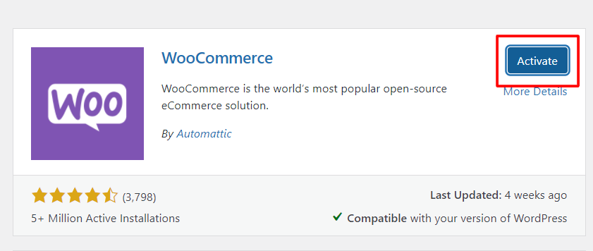 Klik Activate untuk mengaktifkan plugin WooCommerce