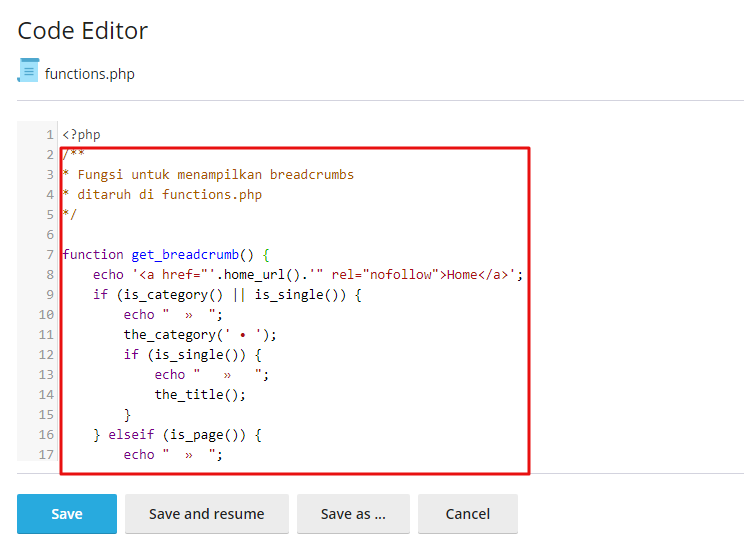 code editor untuk menaruh breadcrumbs