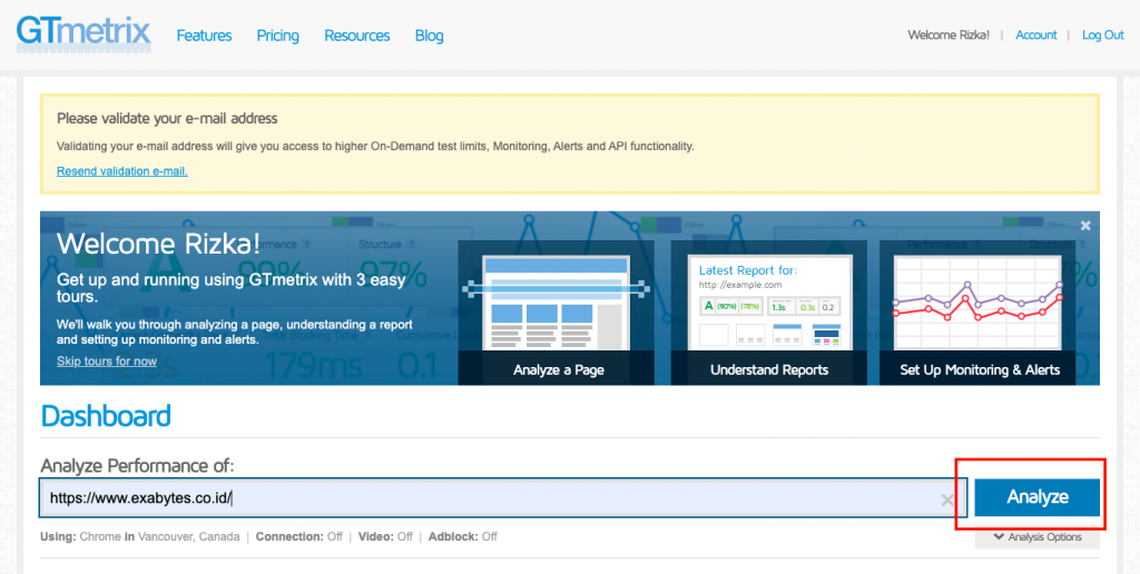 Cara Menggunakan GTMetrix Pada Website & Menganalisanya - Tutorial Digital Marketing, Website, & Bisnis Online - Exabytes Tampilan ketika ingin menganalisa website tertentu melalui GTmetrix