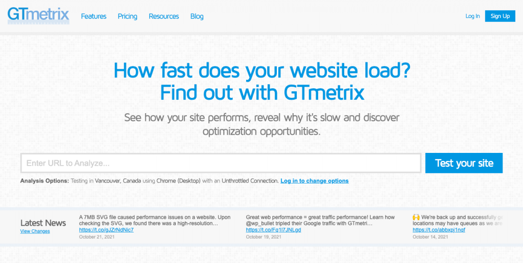 Tampilan laman awal dari GTmetrix