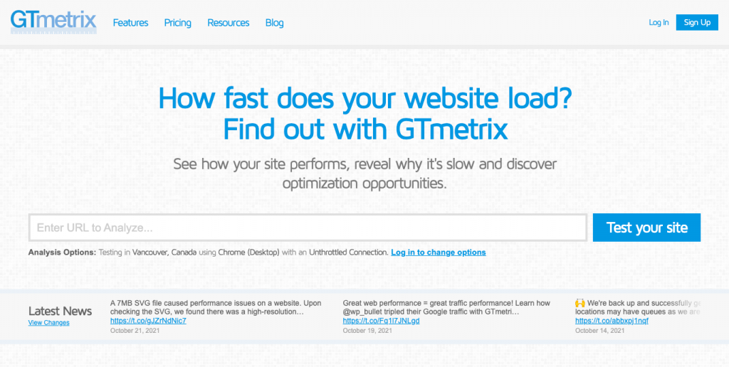 Cara Menggunakan GTMetrix Pada Website & Menganalisanya - Tutorial Digital Marketing, Website, & Bisnis Online - Exabytes Tampilan laman awal dari GTmetrix