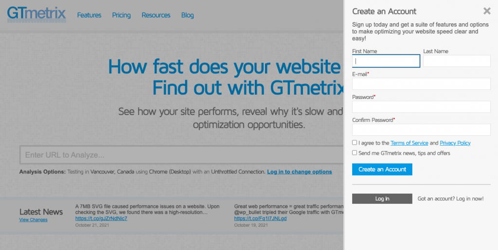 Cara Menggunakan GTMetrix Pada Website & Menganalisanya - Tutorial Digital Marketing, Website, & Bisnis Online - Exabytes Tampilan sign up GTmetrix