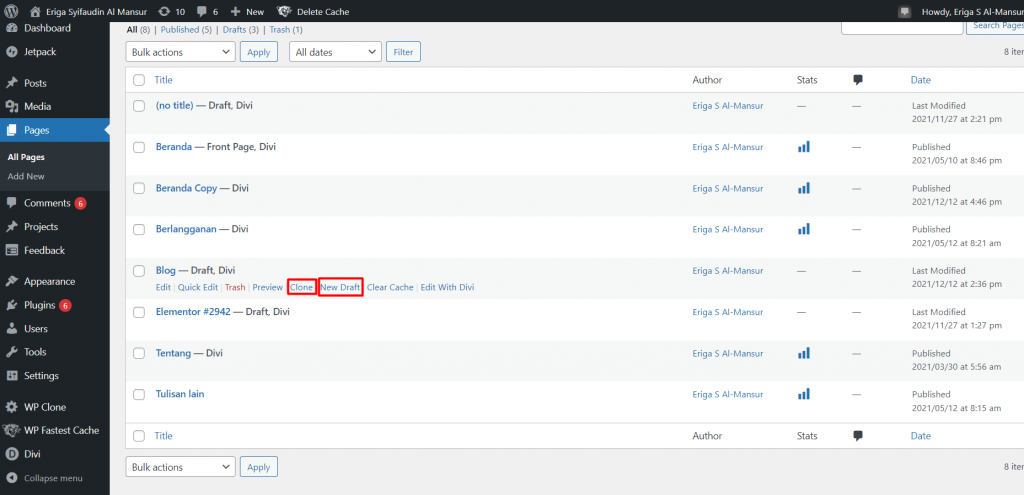 Di daftar Pages akan muncul pilihan baru Clone dan New draft.