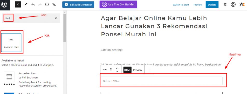 Klik blok HTML Khusus yang nantinya akan kita gunakan untuk membuat daftar isi.