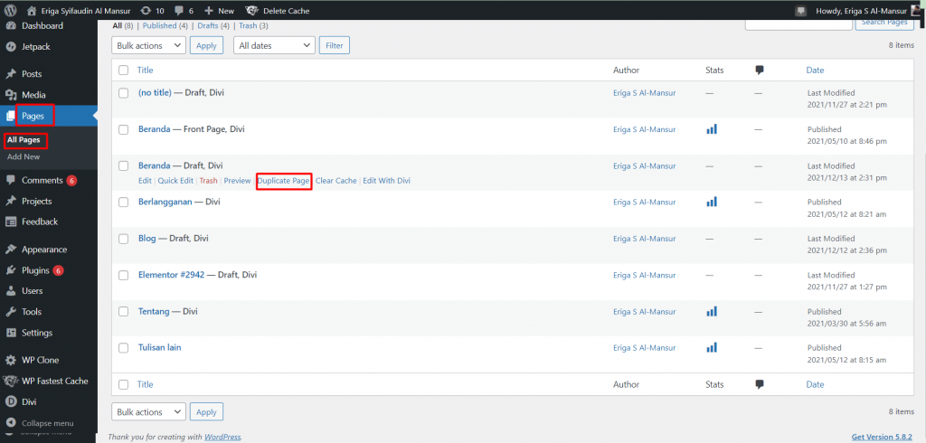 Langkah 4: Setelah berhasil instal masuk ke halaman dengan klik menu Pages > All Pages dan pilih salah satu halaman yang ingin Anda duplikat, klik tombol duplicate pages.
