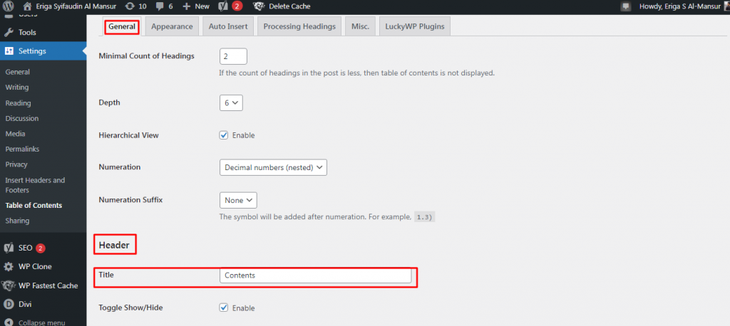 Klik General > Header > Title.