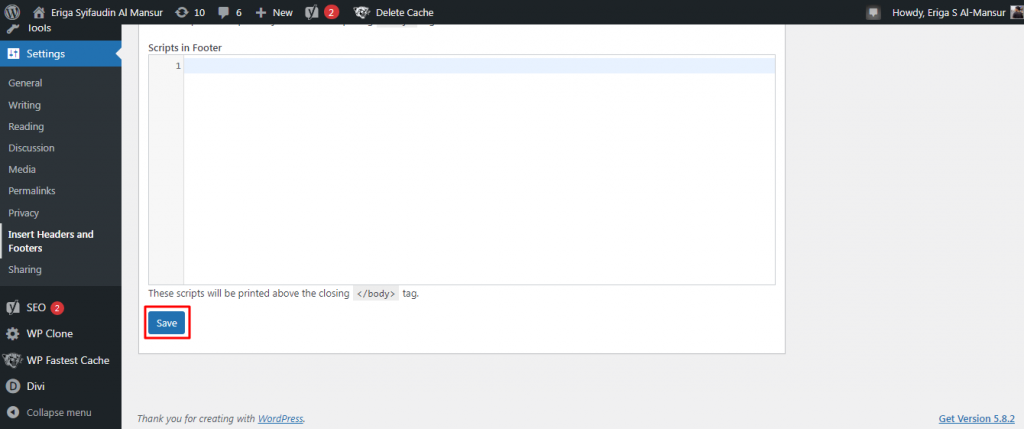 Paste kode ke kolom yang sesuai dengan header dan body.
