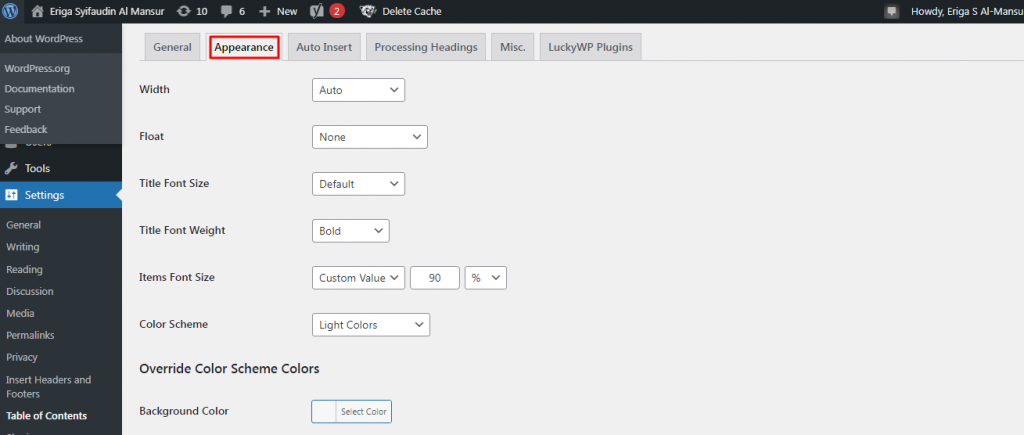 klik tab Appearance untuk mengubah tampilan warna.