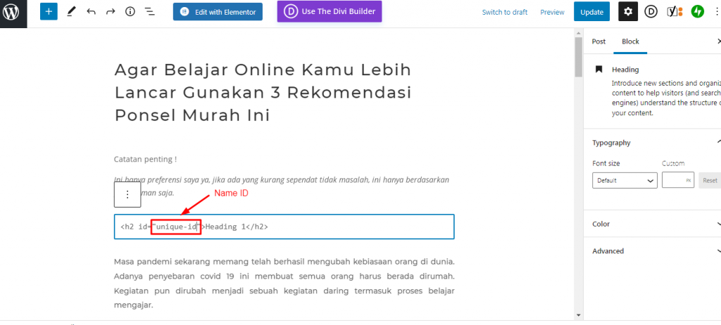 Tambahkan Nama ID ke tag pembuka judul. 