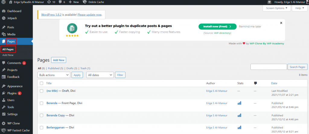 Klik Pages > All Pages.