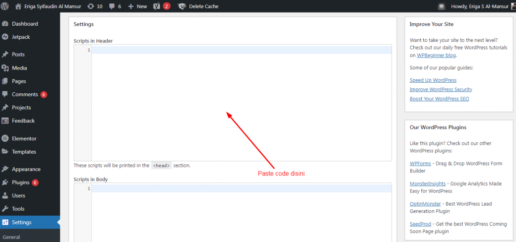 Paste kode ke kolom yang sesuai dengan header dan body.