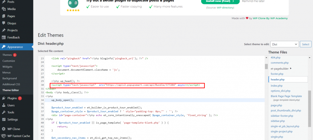 Paste kode yang sudah sebelumnya di copy ke halaman Header.php dan klik tombol update file.