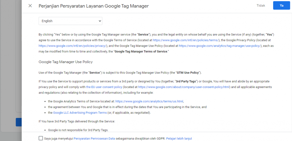 Setelah klik tombol Buat, akan muncul tampilan perjanjian persyaratan layanan Google Tag Manager. 