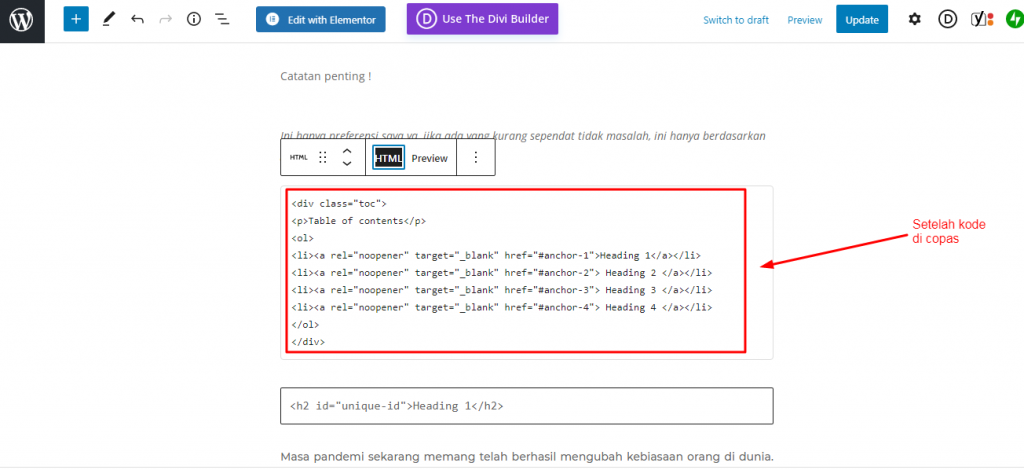 Buat jump link, dengan cara memasukkan kode di bawah ini ke dalam blog yang sebelumnya telah Anda buat.
