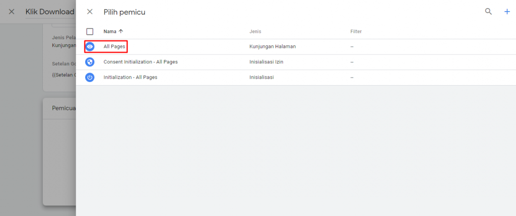 Langkah 2: Setelah halaman pemicu muncul, pilih salah satu pemicu dalam panduan ini kami memilih All Pages sebagai contoh.