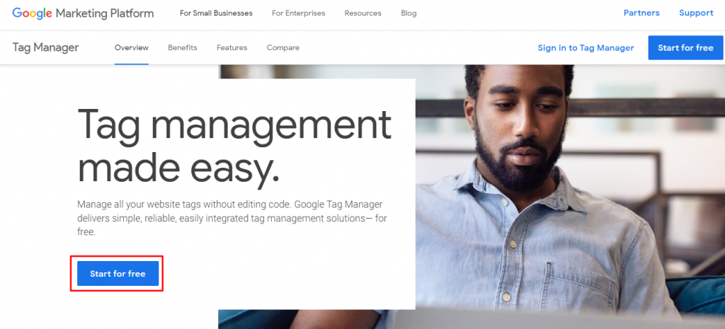 Klik start for free dan nanti akan diarahkan ke halaman tag manager.