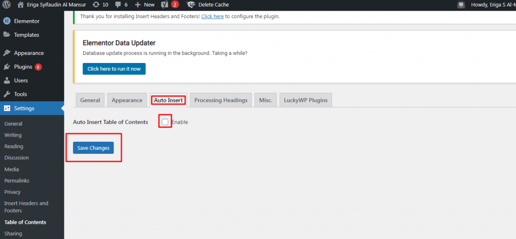 Klik Tab Auto Insert dan centang Enable jika Anda menginginkan daftar isi otomatis ditambahkan di setiap artikel.