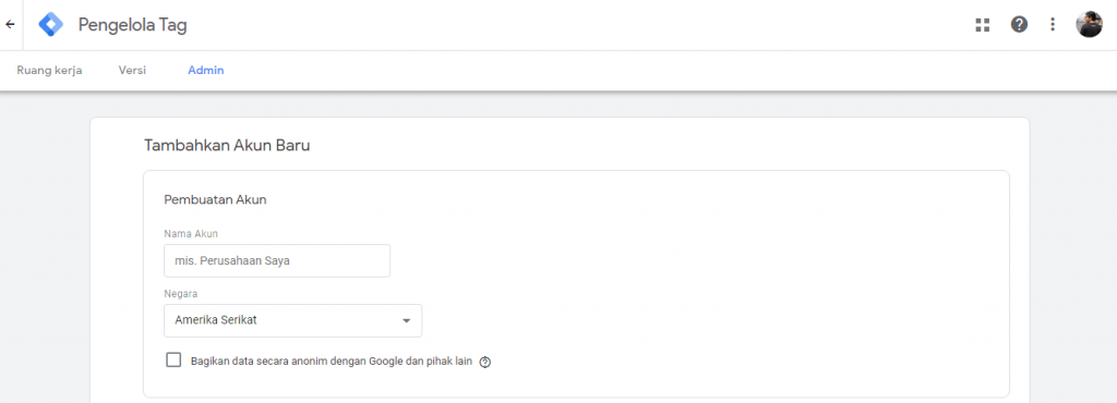 Tambah akun baru dengan mengisikan nama akun dan negara.