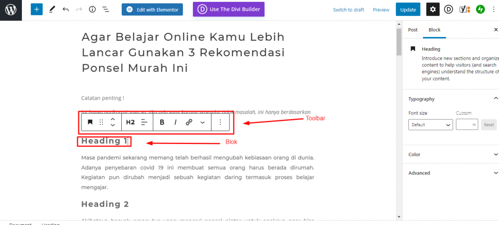 Klik blok masing-masing heading tersebut dan nantinya akan muncul toolbar