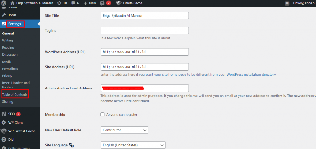 Setting plugin dengan cara masuk menu Settings > Table of Contents