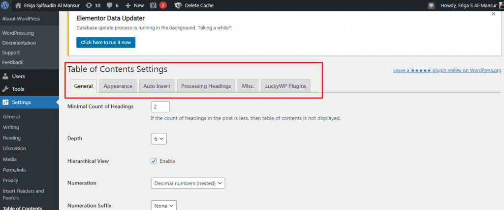 menu pengaturan plugin