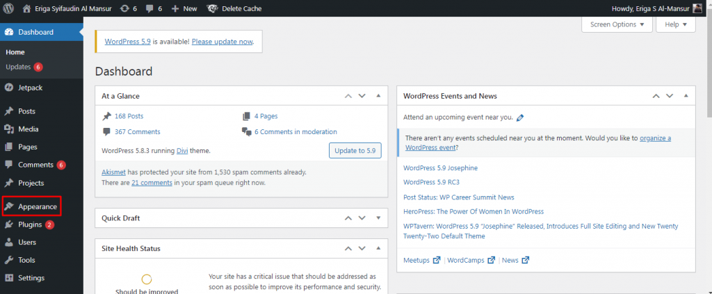 Setelah masuk ke halaman dashboard cari menu Appearance.
