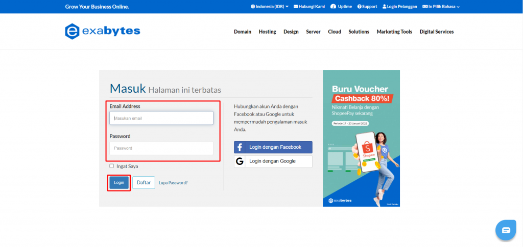 Panduan Termudah dan Lengkap Cara Menggunakan FileZilla - Tutorial Digital Marketing, Website, & Bisnis Online - Exabytes Masuk ke cPanel hosting Anda, cara login cpanel hosting bisa melalui member area Exabytes dengan cara memasukan email address dan password, lalu klik login.