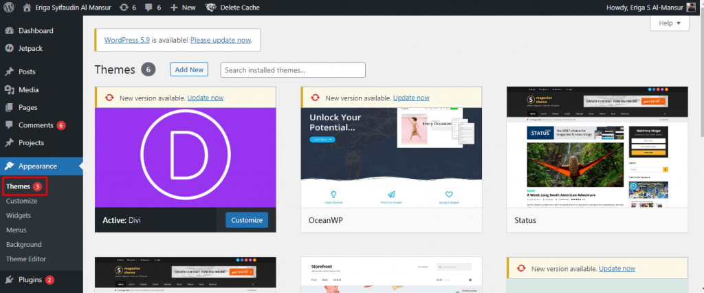Klik tema/theme dan halaman tema nantinya akan secara otomatis terbuka.