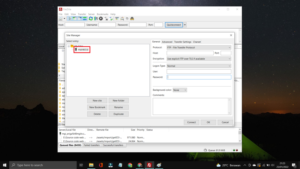 Panduan Termudah dan Lengkap Cara Menggunakan FileZilla - Tutorial Digital Marketing, Website, & Bisnis Online - Exabytes Klik New site dan berikan nama misal mainkit.id.