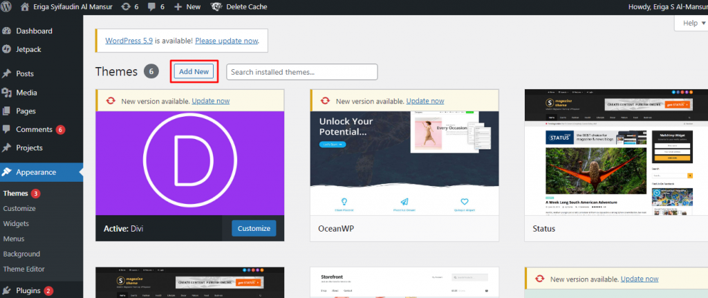 Kemudian untuk mengganti tema atau template WordPress, Anda hanya perlu klik menu Add New.