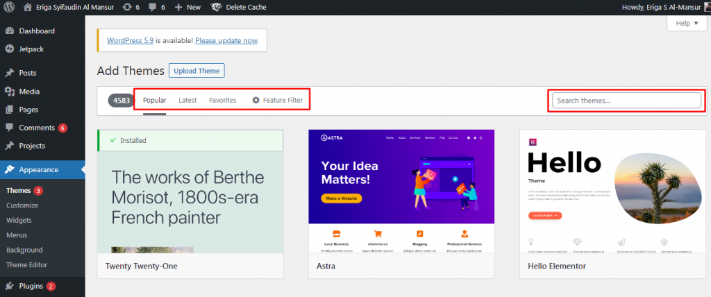 Nanti akan masuk ke halaman kumpulan tema, di halaman tersebut Anda bisa memilih sesuai dengan kebutuhan. Ada beberapa kategori yang tersedia seperti kategori Featured, Popular dan Latest.