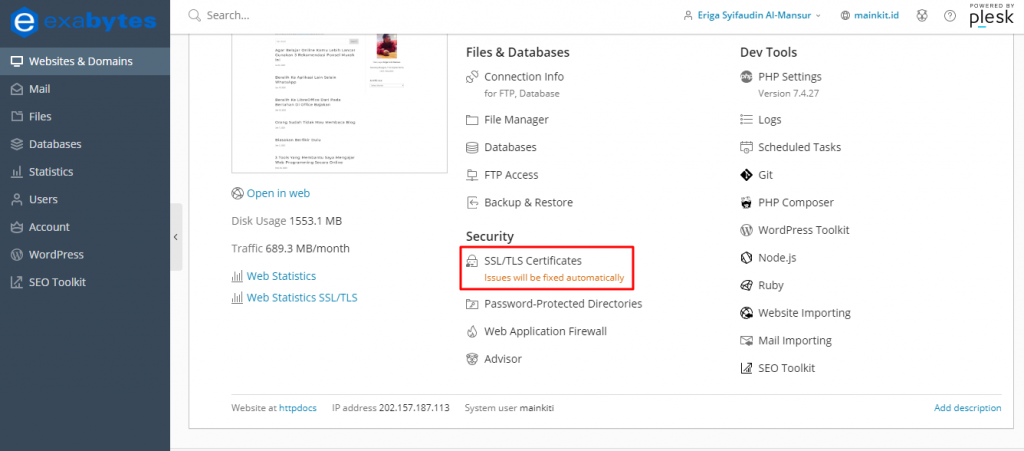 Cara Redirect HTTP ke HTTPS. Setelah masuk ke halaman control panel Plesk, cari menu Security > SSL/TLS Certificates dan klik.