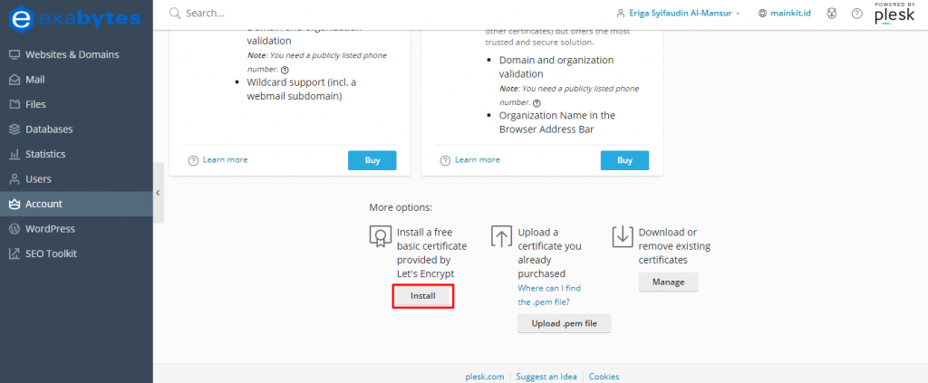 Setelah itu Anda akan masuk ke halaman SSL/TLS Certificate, scrol dan temukan Install a free basic certificate provided by Let's Encrypt dan klik tombol install.