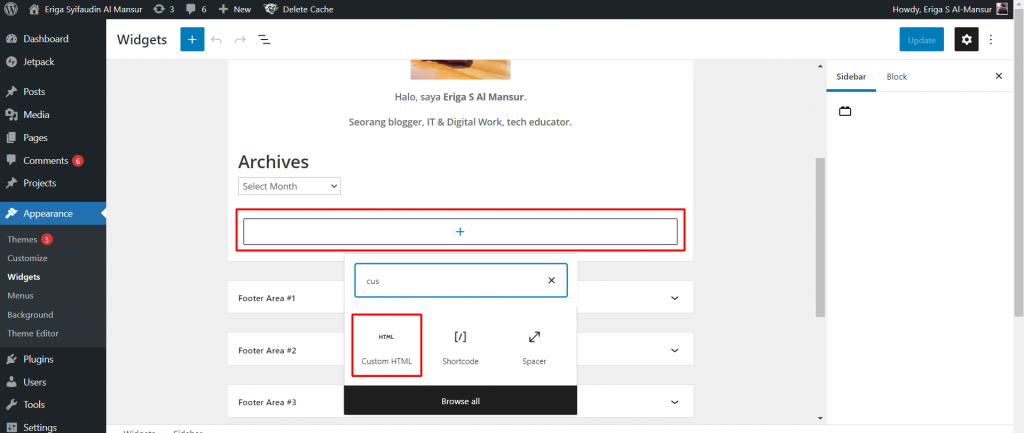 Di widget sidebar ada banyak pilihan, dalam hal ini kami memilih Custom H