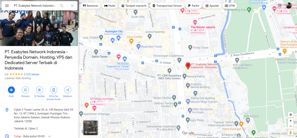 Setelah Anda berhasil mengakses halaman Google Maps, Anda sudah bisa menentukan lokasi yang diinginkan. Caranya ketik nama lokasi tersebut, dalam artikel ini kami menggunakan lokasi kantor Exabytes Indonesia.