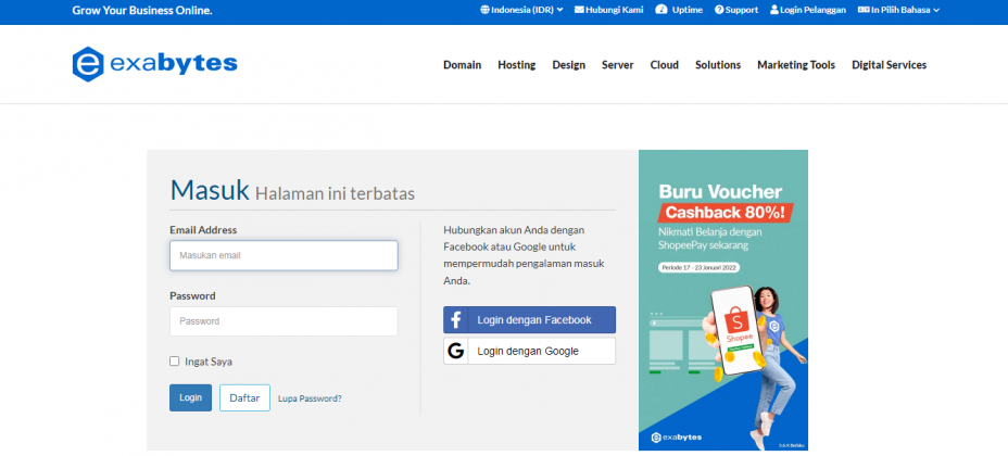 Masuk ke halaman login Member Area Exabytes Indonesia.