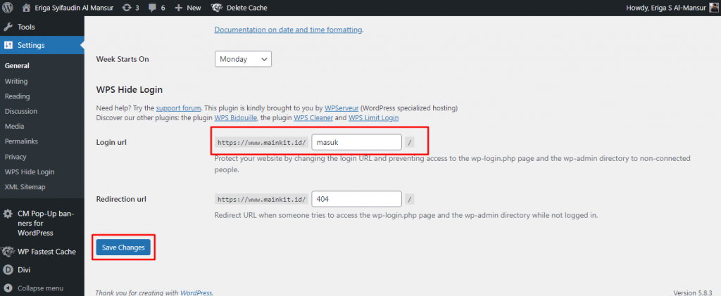 Scroll ke bawah dan di bagian bawah halaman, masukkan URL baru untuk login yang baru dan klik Simpan Perubahan.